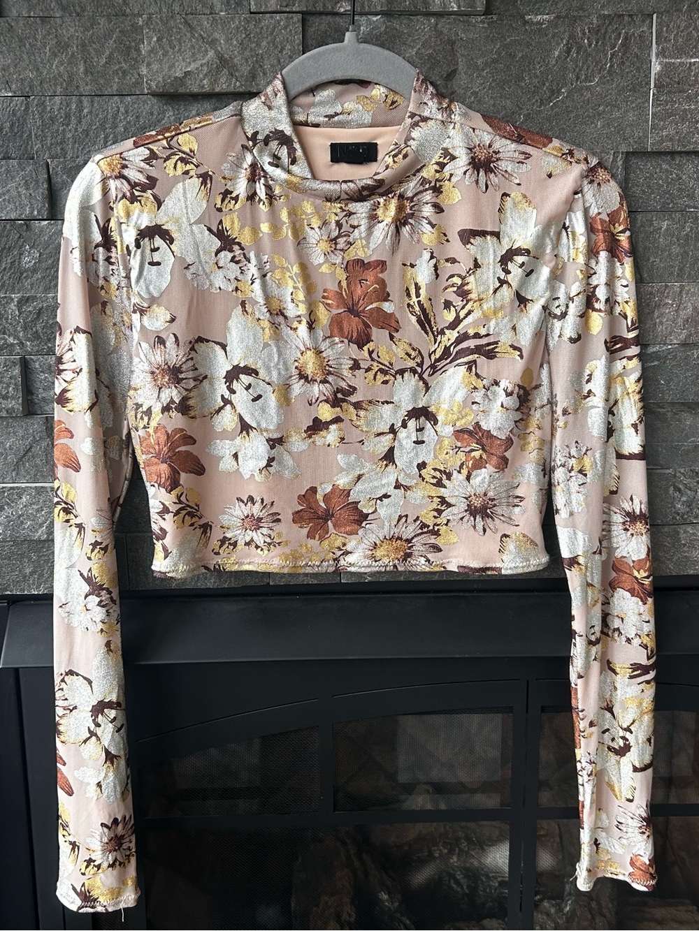 NBD Floral Metallic Mock Neck Crop Top